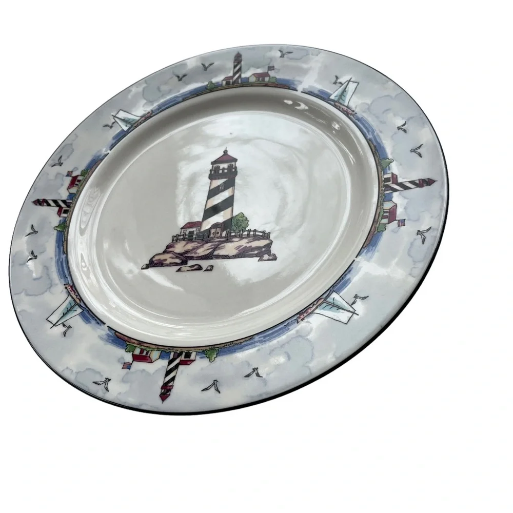 Totally Today Coastal Lighthouse Seaside Scene White 10.25 in Round Dinner Plate